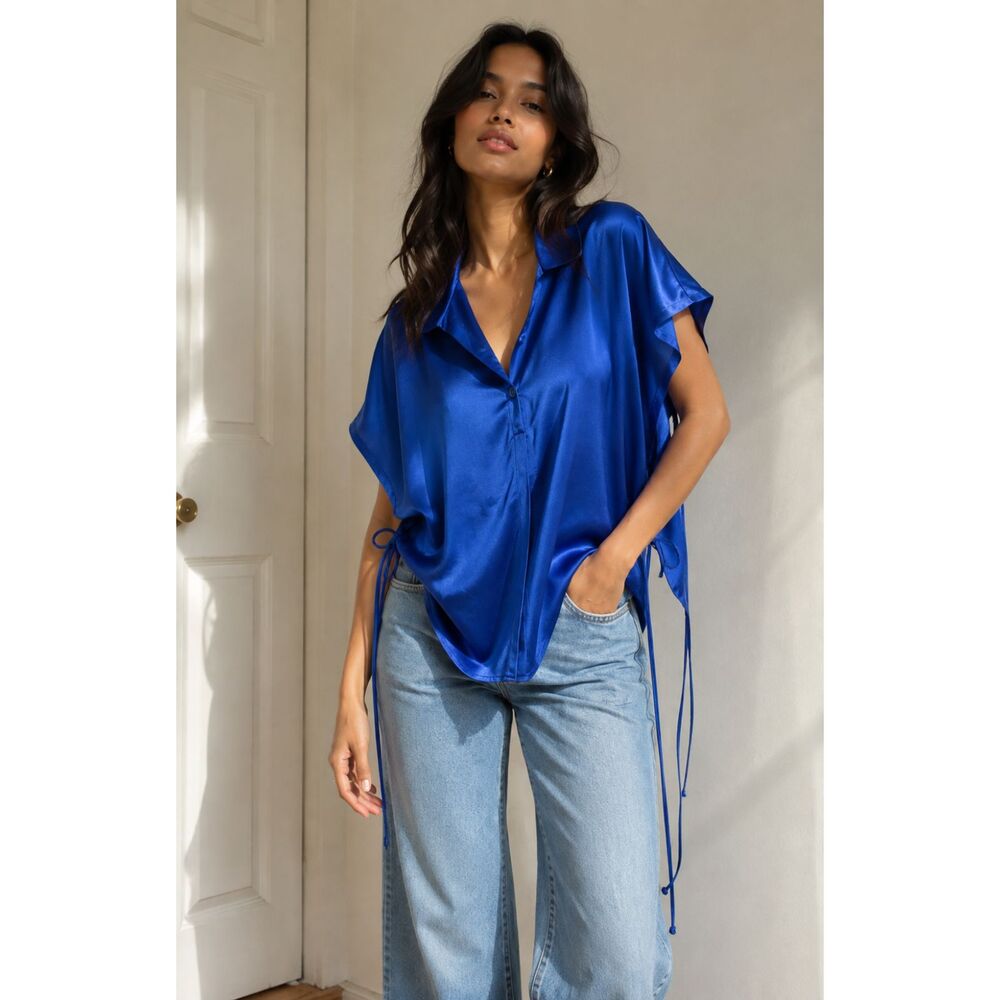 Julia by Love J Royal Blue Satin Blouse 1X Dolman Sleeve Side Tie Hi Low Tunic
